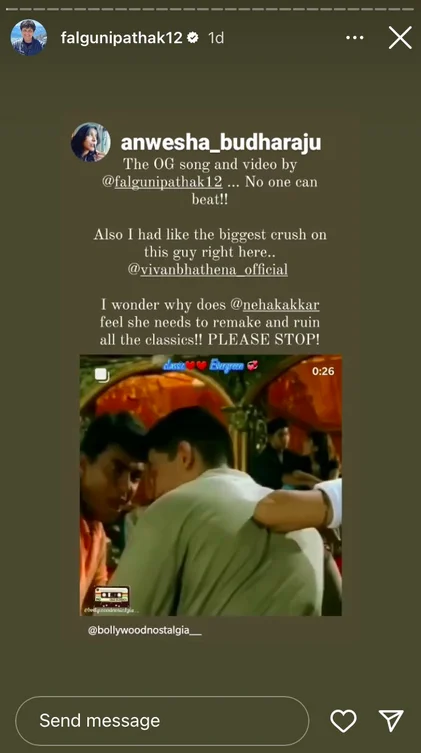 Neha Kakkar T-Series Vs. Falguni Pathak — Instagram story reshared by Falguni Pathak criticizing Neha Kakkar for remaking the O Sajna classic