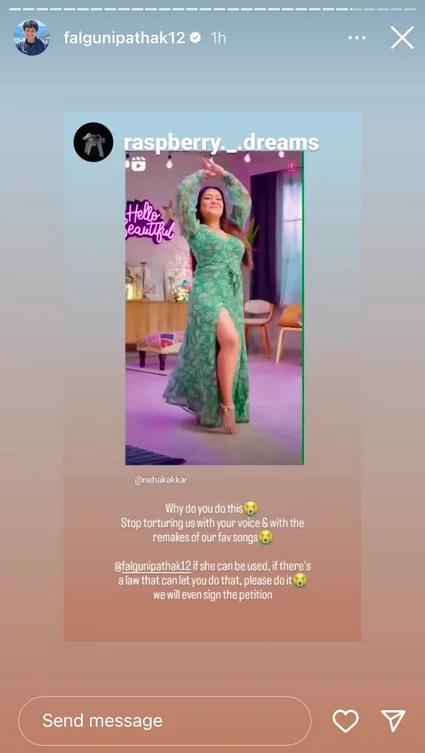 Neha Kakkar T-Series Vs. Falguni Pathak — Instagram story reshared by Falguni Pathak asking her to sign a petition against Neha Kakkar's remakes