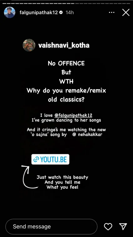 Neha Kakkar T-Series Vs. Falguni Pathak — Instagram story reshared by Falguni Pathak questioning Neha Kakkar's remake of O Sajna