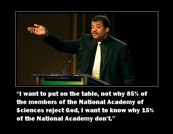 Neil deGrasse Tyson at podium with quote about defending science classrooms