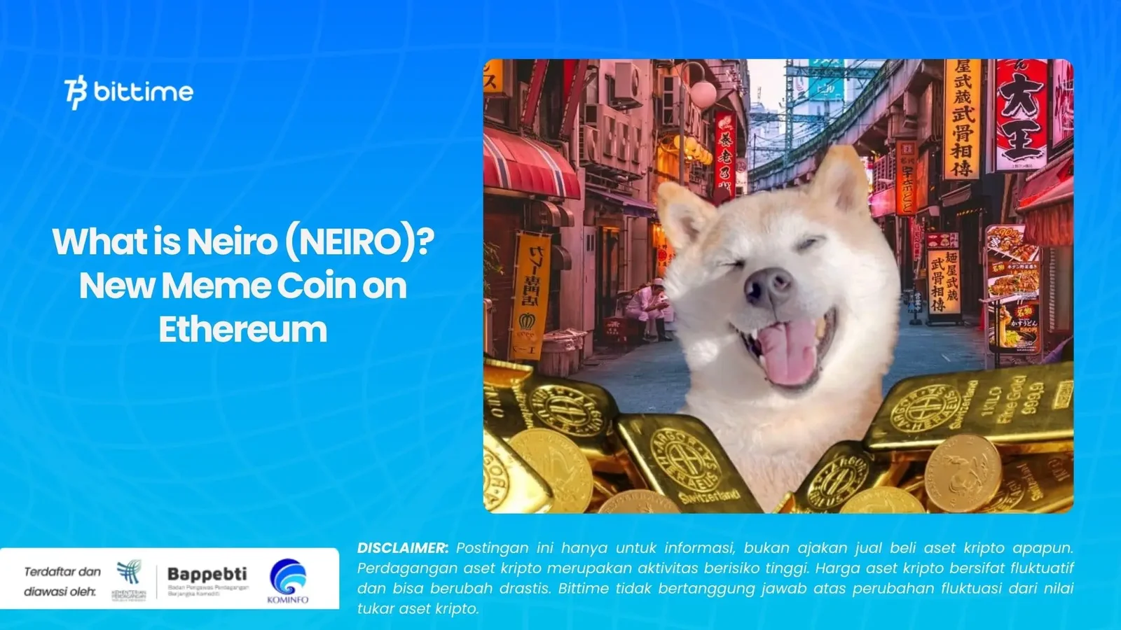Neiro — White Shiba Inu with open mouth smile against Asian cityscape with red lanterns.