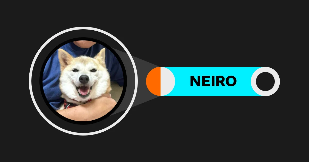 Stylized graphic design with white Shiba Inu Neiro in circular frame with colorful elements.