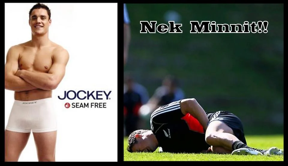 Dan Carter in Jockey underwear ad next to him lying injured on rugby pitch, captioned Nek Minnit