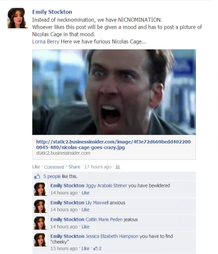 Neknominate — Facebook post about NicNomination featuring a furious Nicolas Cage screenshot