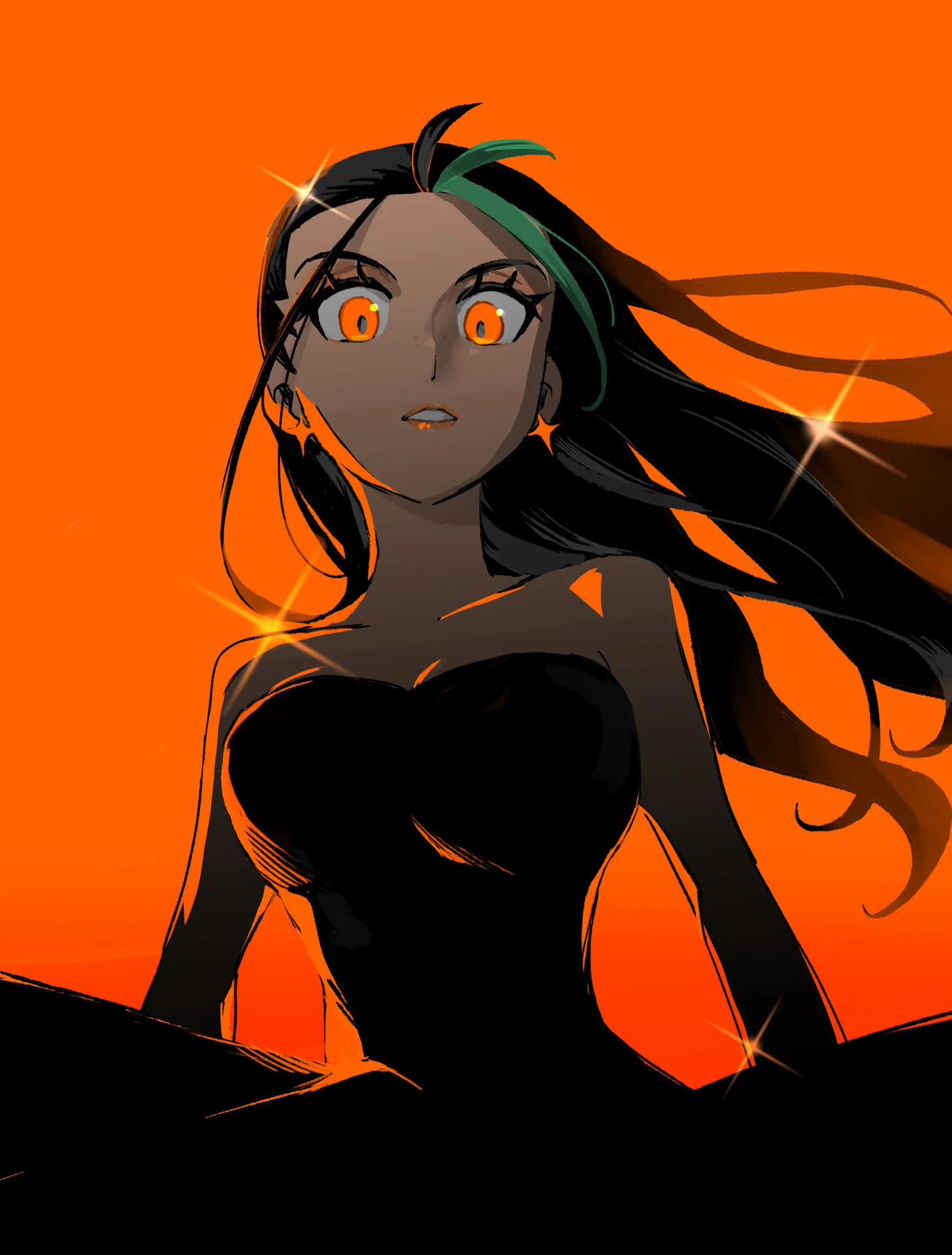 Dramatic fan art of Nemona in a black dress against orange background