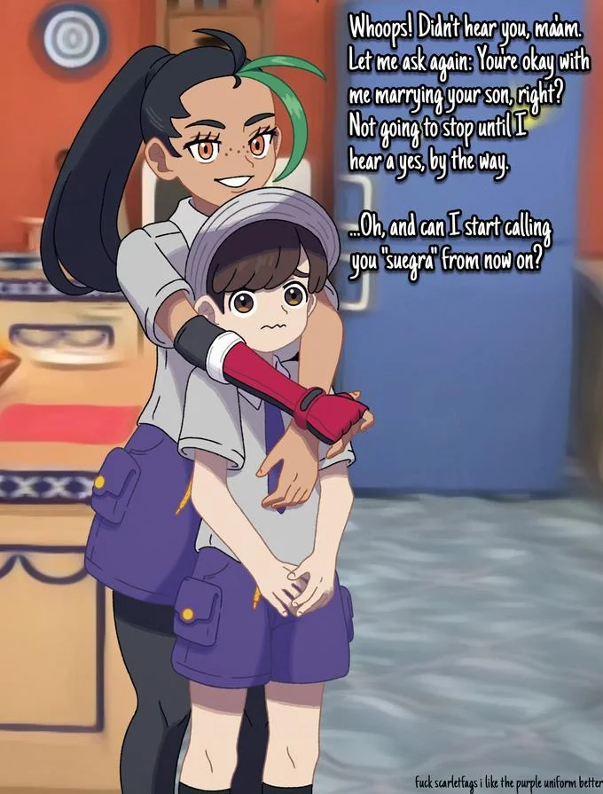 Fan art comic of Nemona hugging the protagonist with text bubbles