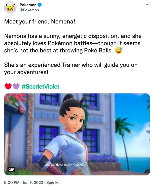 Tweet from the official Pokemon account introducing Nemona character