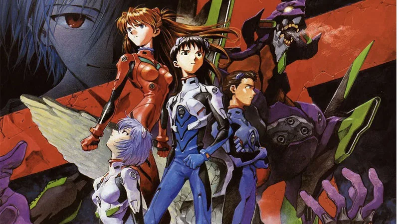 Neon Genesis Evangelion promotional artwork featuring the main pilots and an Eva unit