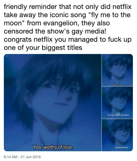 Neon Genesis Evangelion — Tweet criticizing Netflix for censoring gay themes and removing Fly Me to the Moon from Evangelion