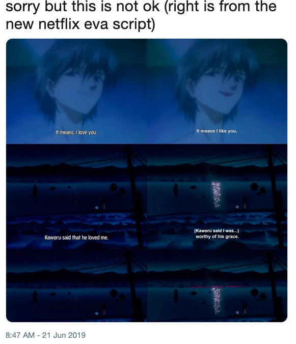 Neon Genesis Evangelion — Tweet comparing original and Netflix Evangelion subtitles for the Kaworu scene