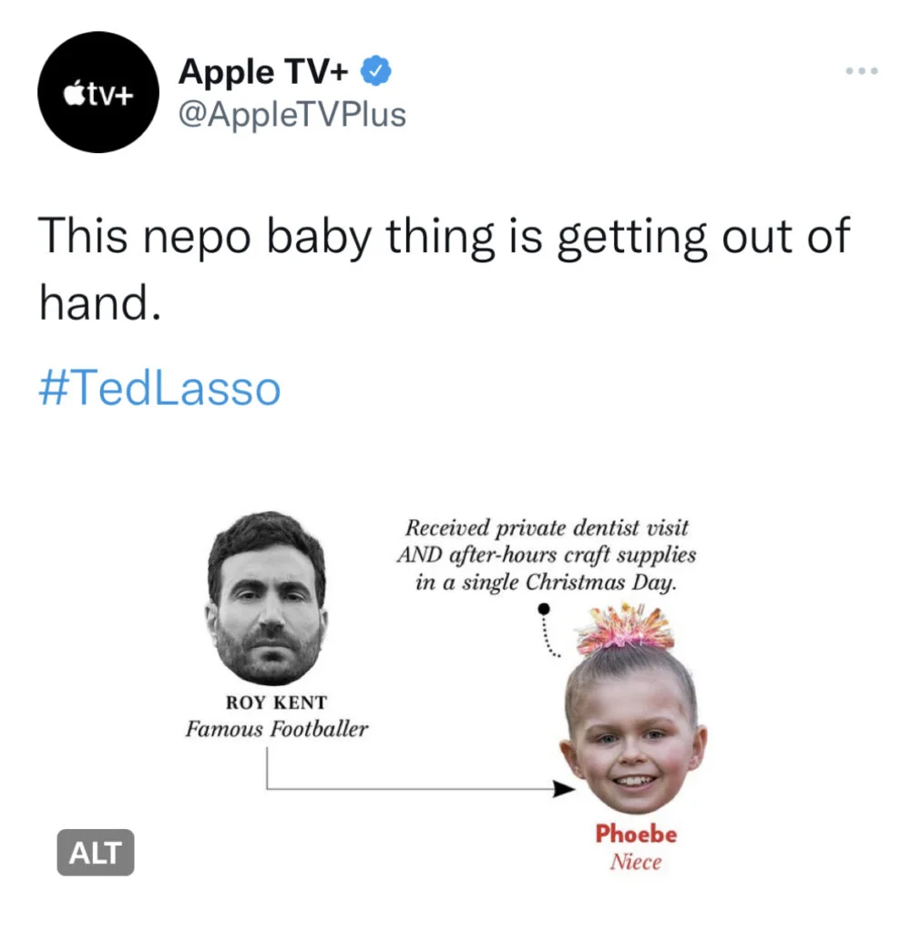 Social media post from Apple TV+ joking about the nepo baby situation with text about inheritance and family advantages.