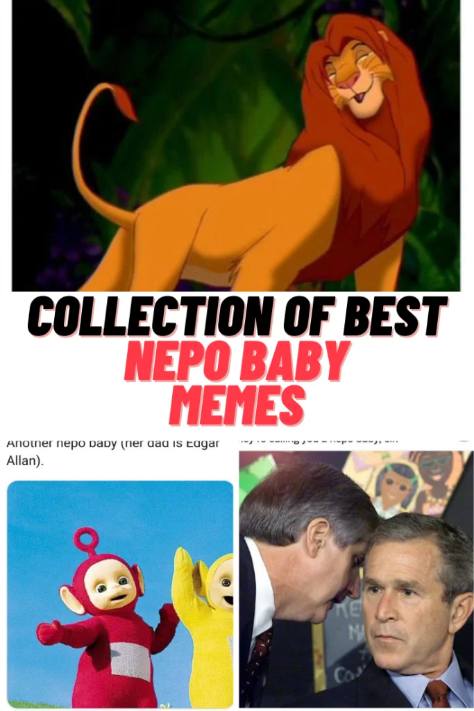 A collection screenshot showing various nepo baby meme references including animated characters and TV show clips with header text.
