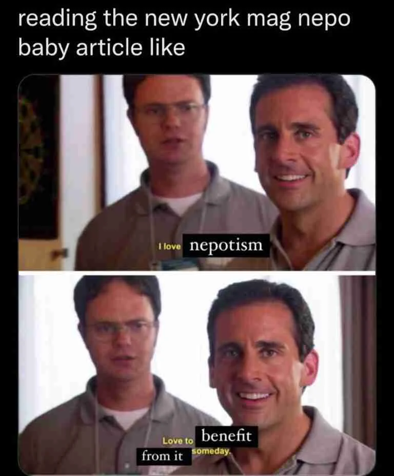 Two-panel reaction meme from The Office about reading a nepo baby magazine article using classic reaction-meme format.