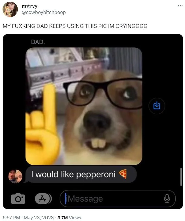 Tweet screenshot showing a dad texting the Nerd Dog image in reply to a pizza order