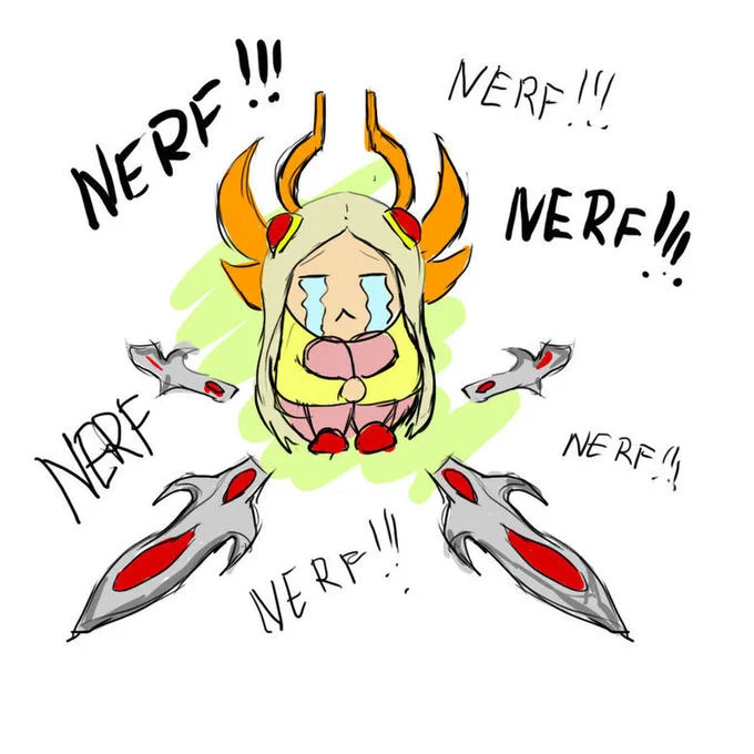 Crying Overwatch Mercy chibi surrounded by handwritten NERF text