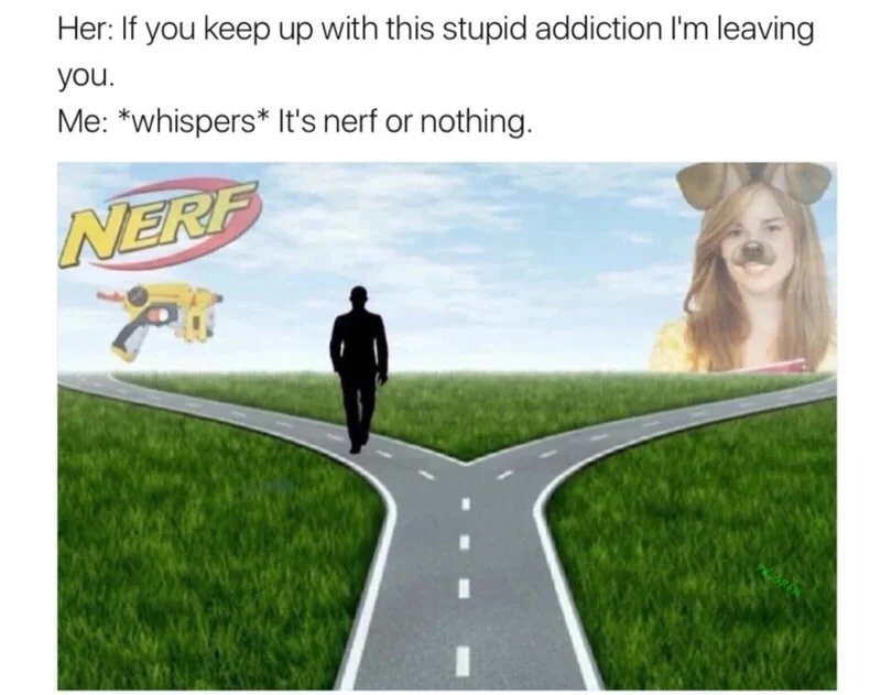 Guy in field meme choosing Nerf branded path over girlfriend with Snapchat filter