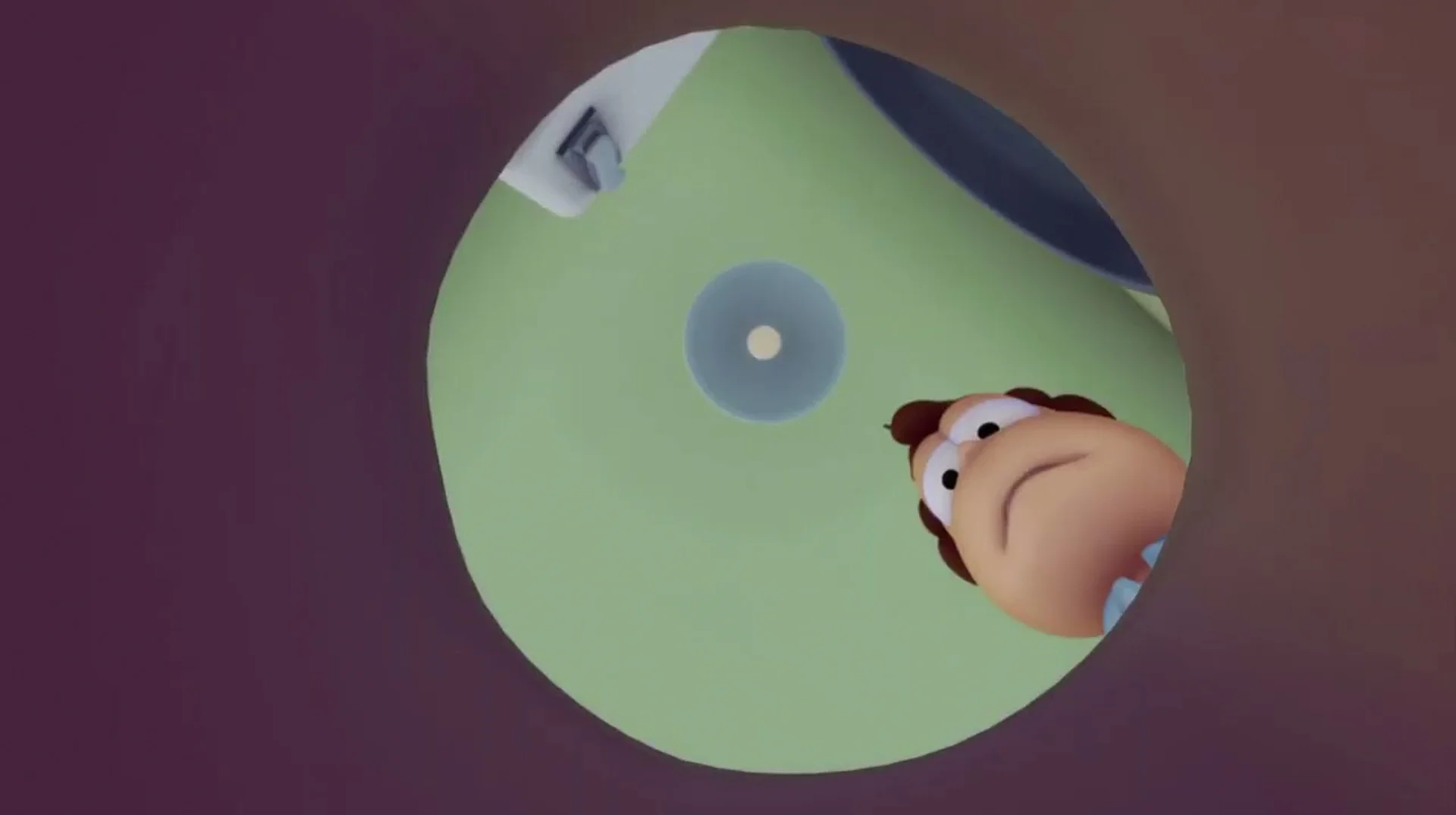 Nermal In Trashcan — POV from inside a trash can looking up at Jon Arbuckle's face peering over the rim