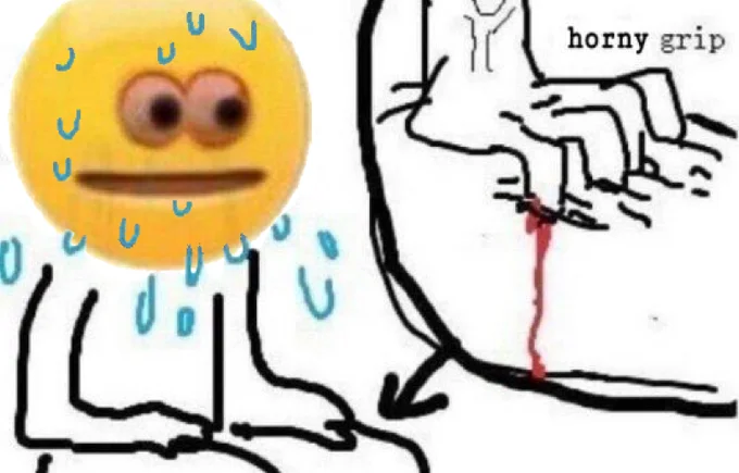 Meme variant with yellow emoji face replacing nervous character head beside horny grip hand