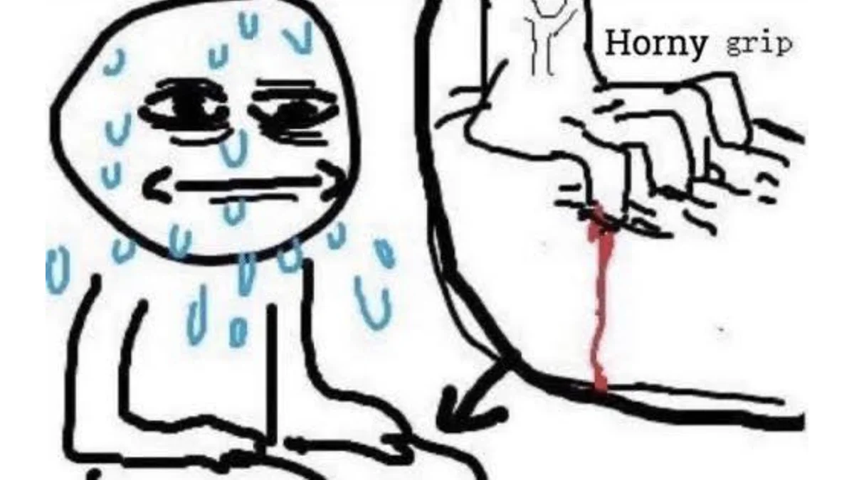 Crude drawing of nervous sweating figure beside a clenched hand labeled 'Horny grip'