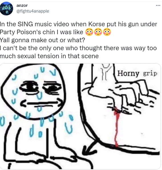 Nervous — Tweet from anzor @fightu4anapple using the Horny Grip meme to react to a My Chemical Romance SING music video scene