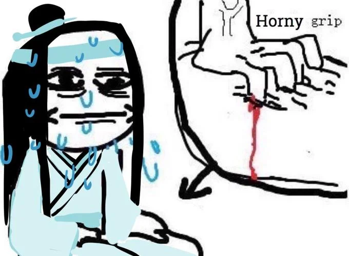 Nervous — Meme variant with wuxia-style long-haired character in robes beside Horny grip hand