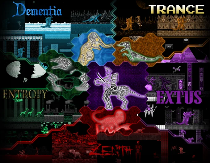 Collage of the five haunted worlds from NES Godzilla Creepypasta labeled Dementia, Trance, Entropy, Extus, and Zenith