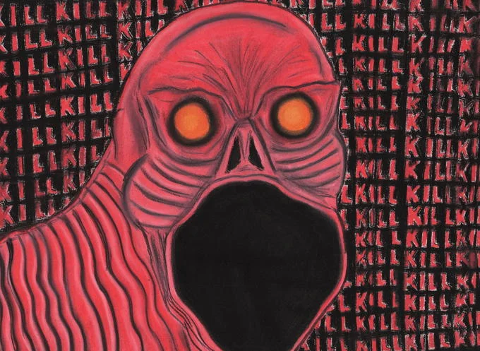 Nes Godzilla Creepypasta — Disturbing red creature with glowing eyes screaming against KILL-repeated background