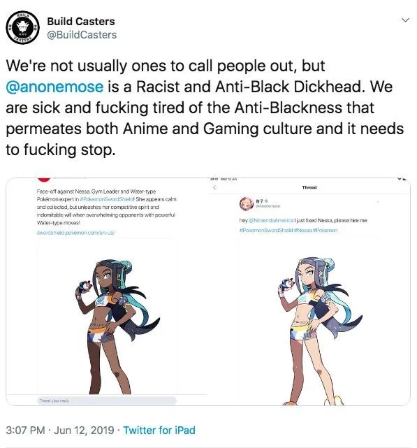 BuildCasters tweet calling out Anonemose over the Nessa whitewashing redesign