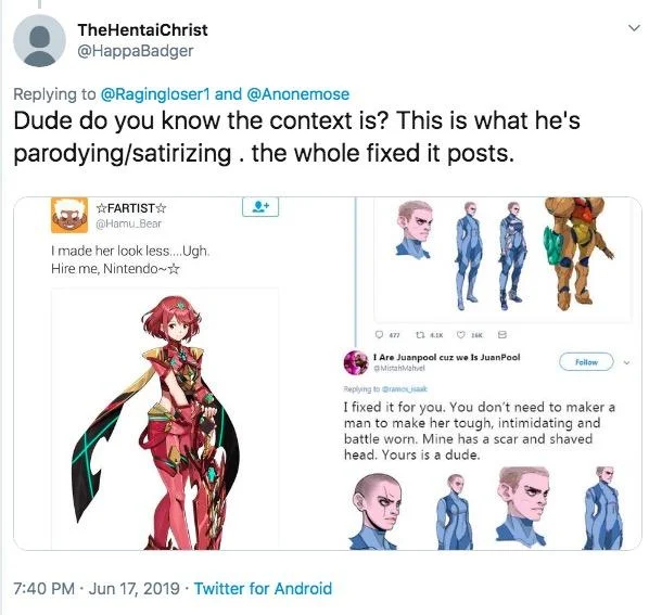 Tweet explaining the context of the Nessa fixed-it redesign parody