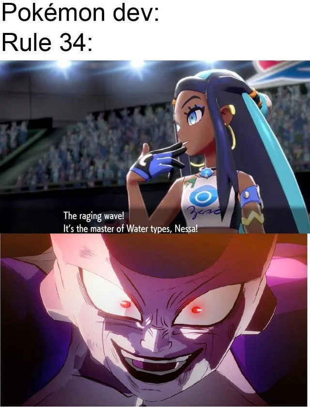 Two-panel meme contrasting Pokemon devs' Nessa with a demonic Rule 34 version