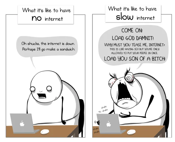 Net Neutrality — Comic comparing calm reaction to no internet with rage at slow internet