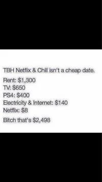 A text-based meme listing living expenses and concluding that Netflix and Chill is not a cheap date.