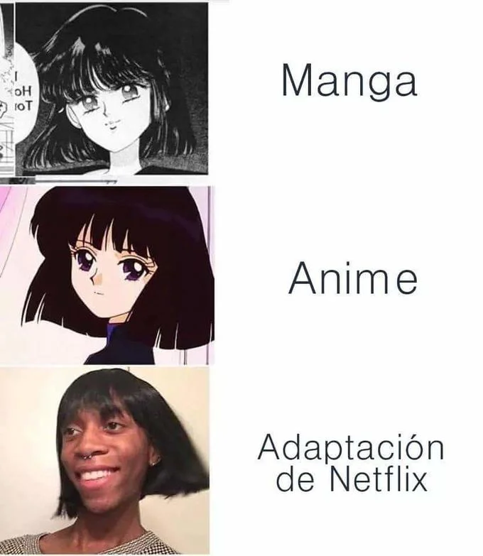 Netflix Blackwashing Parodies — Three-panel meme comparing manga and anime art to a Netflix adaptation shown as Black person