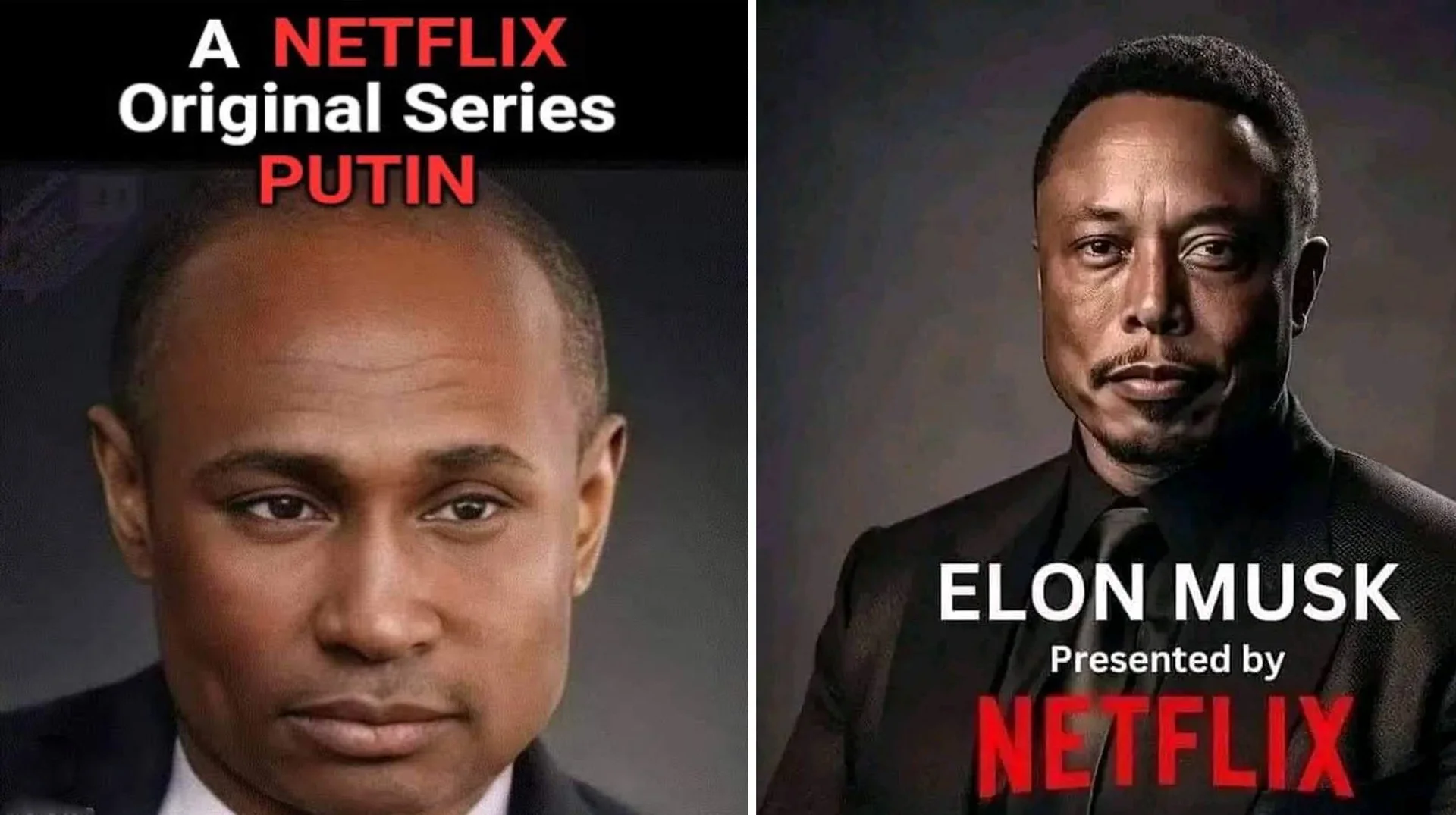 Netflix Blackwashing Parodies — Netflix parody posters depicting Putin and Elon Musk race-swapped as Black men