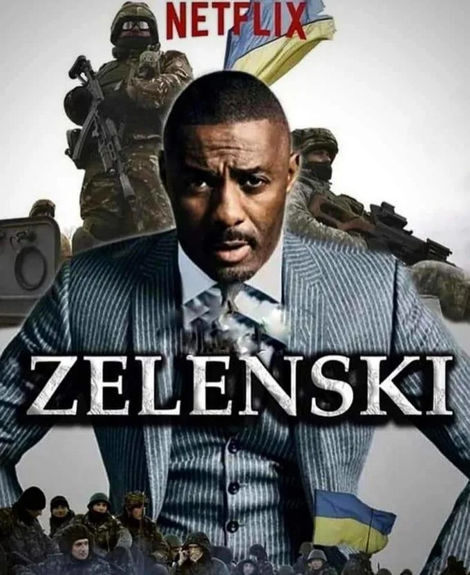 Netflix Blackwashing Parodies — Fake Netflix poster titled Zelenski with Idris Elba as Volodymyr Zelensky