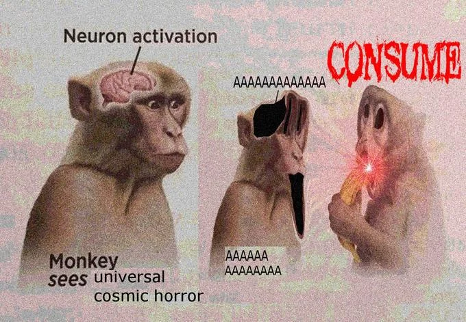 Cursed Neuron Activation meme edit showing a distorted screaming monkey with laser eyes and the word 'CONSUME' in red