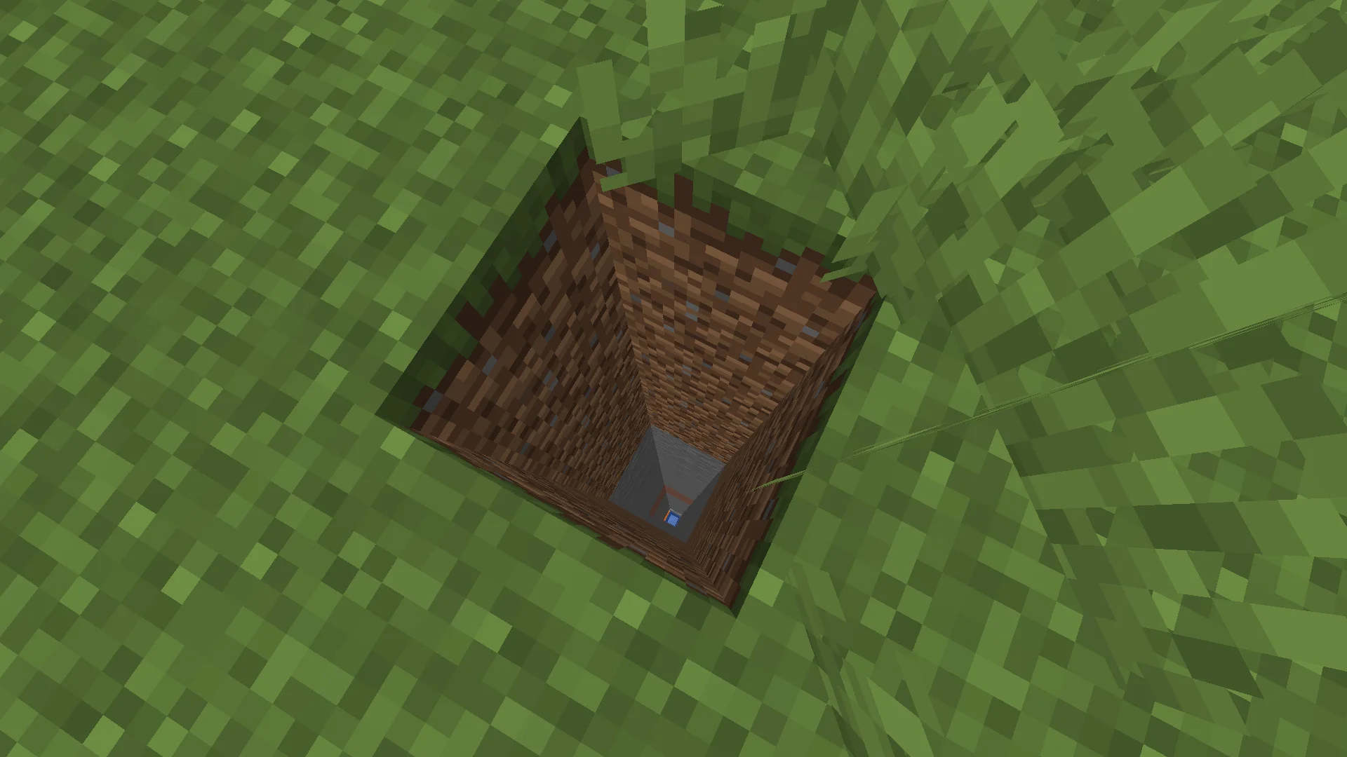Never Dig Straight Down — Minecraft top-down view of a narrow vertical shaft dug straight down through grass and dirt