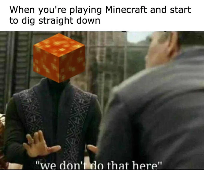 Never Dig Straight Down — Black Panther 'we don't do that here' meme with a Minecraft lava block head about digging straight down