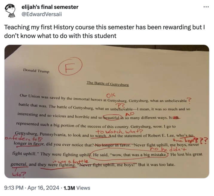 Never Fight Uphill, Me Boys — Tweet showing Trump's Gettysburg rally transcript graded as a failing history essay