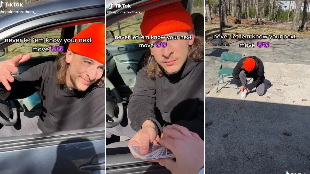 Never Let Them Know Your Next Move — Three-panel TikTok collage of man in orange beanie with text 'never let 'em know your next move'