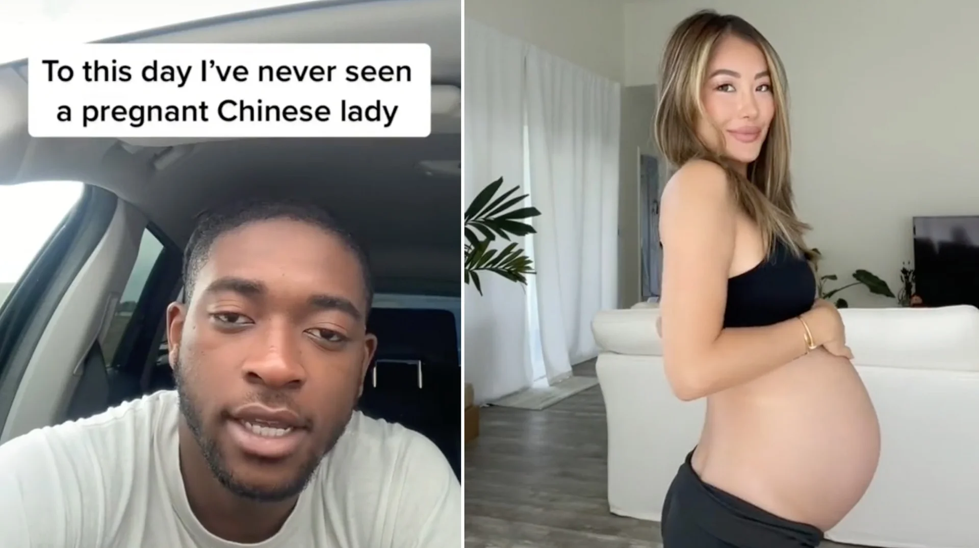 Never Seen A Pregnant Asian Woman — Split image: man in car with caption about never seeing a pregnant Chinese lady next to photo of a pregnant Asian woman