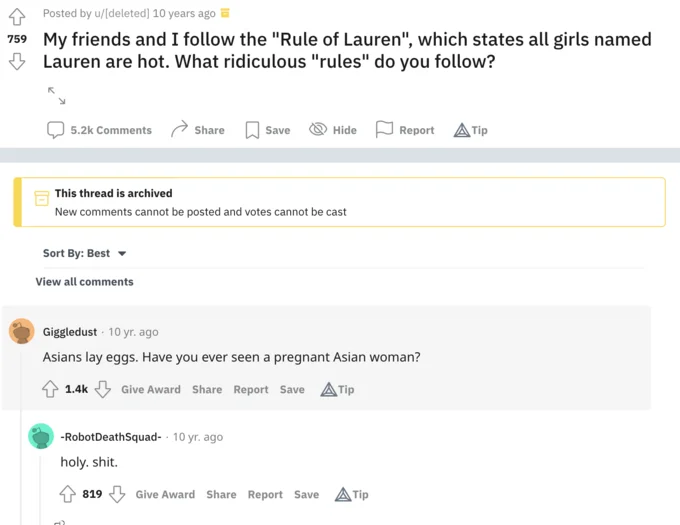 Never Seen A Pregnant Asian Woman — Reddit screenshot with comment joking that Asians lay eggs because nobody has seen a pregnant Asian woman