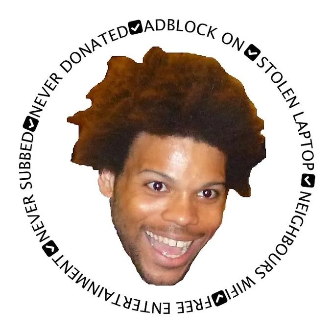 Circular meme graphic of TriHard face with never subbed never donated checklist around it