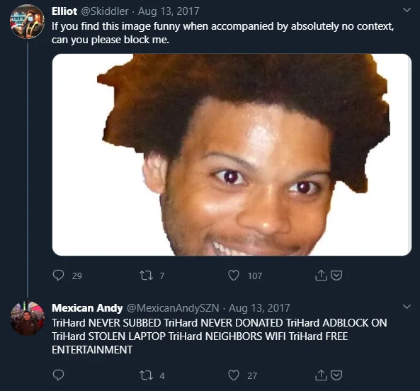 Never Subbed Never Donated — Twitter thread from 2017 with TriHard emote and Mexican Andy posting the never subbed copypasta
