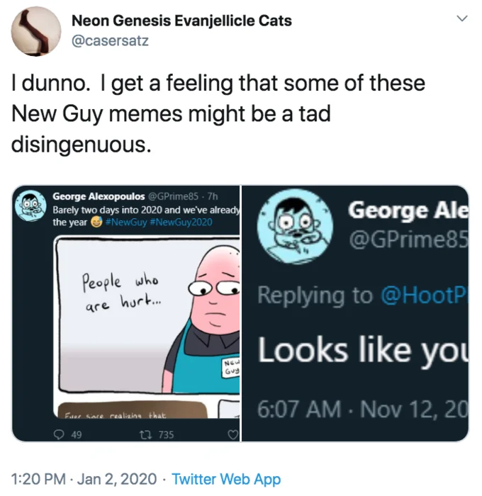 Screenshot of a Twitter post calling New Guy memes disingenuous