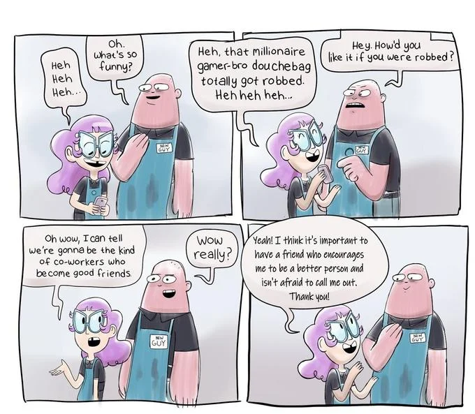 Extended New Guy comic with alternate ending where the coworker thanks him