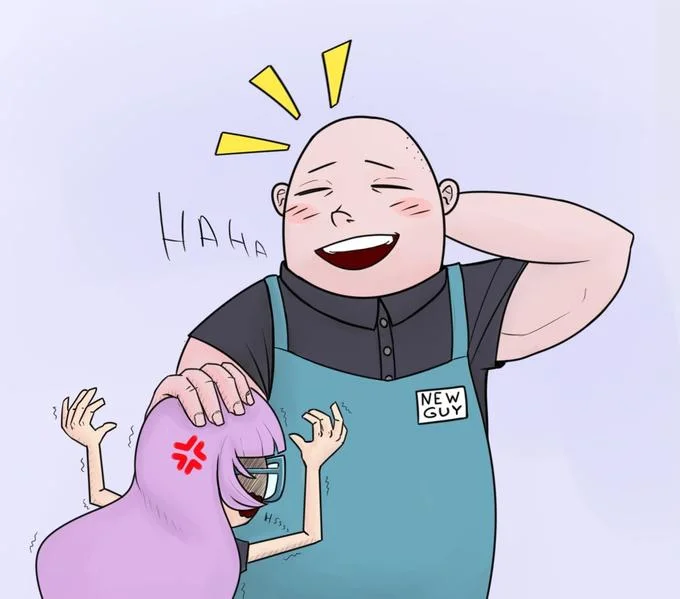 Fan art of New Guy laughing and patting head of annoyed purple-haired coworker