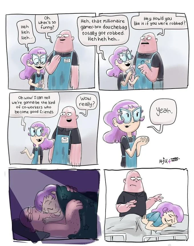 NSFW parody edit of the New Guy comic adding romantic panels between the characters