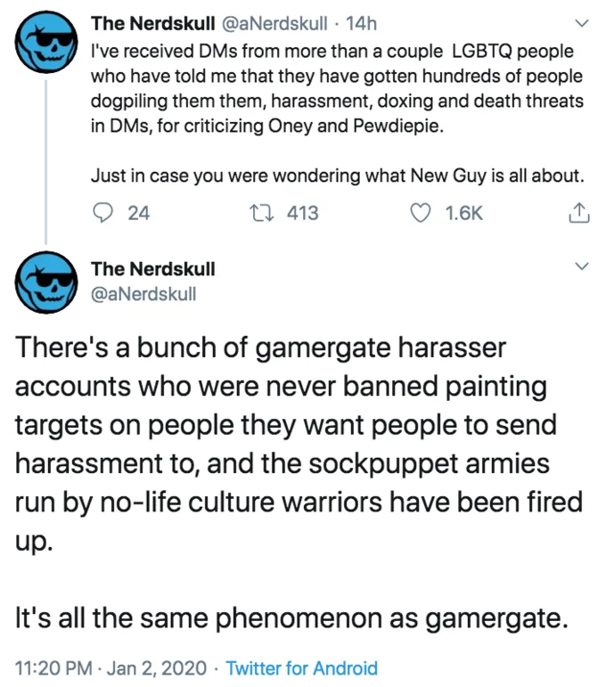 Twitter screenshot comparing the New Guy controversy to Gamergate harassment