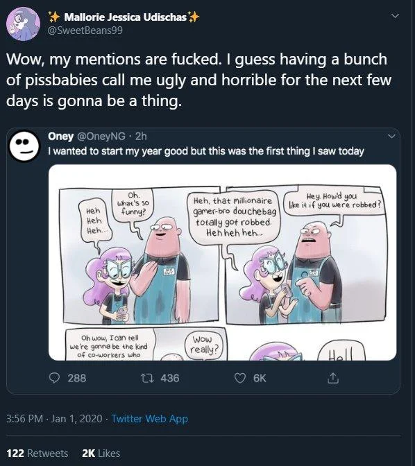 Screenshot of a Twitter post complaining about harassment over the New Guy comic